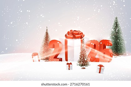 Cae nieve en cajas de regalo, pinos y números audaces de 2026 en un paisaje festivo de invierno. Ilustración vectorial.