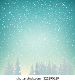 Snow Falls on the Spruce, Snowfall in the Forest, Fir Trees in Winter in Snowfall, Winter Background, Christmas Winter Landscape in Turquoise Shades,  Vector Illustration