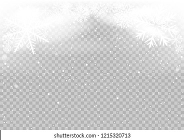 Snow falls winter sky clouds on transparent background. Frosty close-up wintry snowflakes. Ice shape pattern. Christmas holiday decoration backdrop