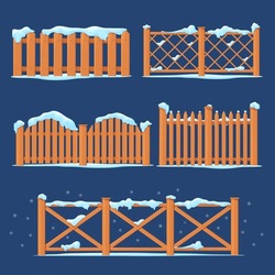 Snow Fence. Winter Wooden Fences Covered Frozen Snowdrift, Snowy Board Wood Countryside Enclosures, Icicles And Ice Snowflake On Cold Timber Plank, Cartoon Neat Vector Illustration