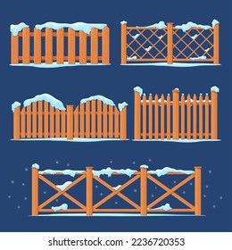 Snow fence. Winter wooden fences covered frozen snowdrift, snowy board wood countryside enclosures, icicles and ice snowflake on cold timber plank, cartoon neat vector illustration