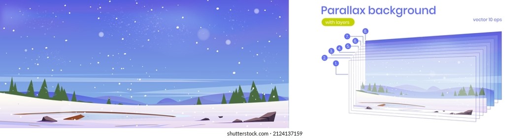 Snow field with frozen pond, conifers and hills on horizon. Vector parallax background for 2d animation with cartoon illustration of winter landscape with ice on lake and snowfall