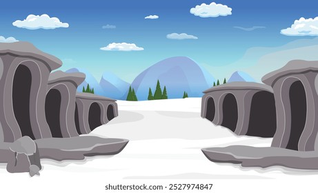 Snow field with rocks, winter rocky mountains landscape cartoon background vector illustration