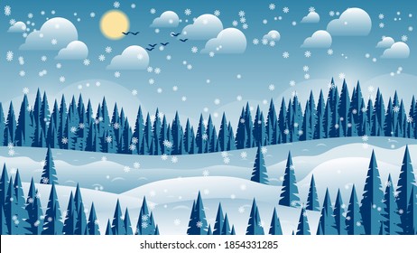 snow fields and hills among coniferous trees under falling snowflakes against the background of a forest, sky with the sun, clouds, silhouettes of flying birds. winter natural landscape. vector