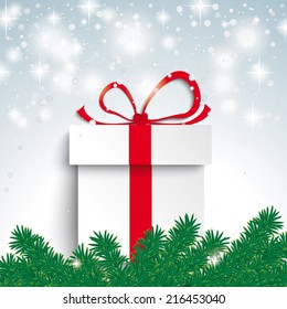 Snow with fir branches and gift on the grey background. Eps 10 vector file.