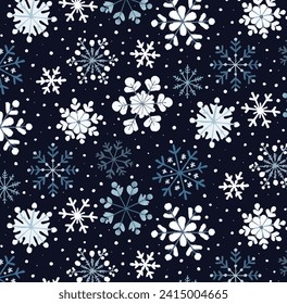Snow flake background, winter, pattern, cold, whimsical, season, cold, snow, print, fashion, fabric, texture, flat, white, blue background, cute, kids, vector illustration. 