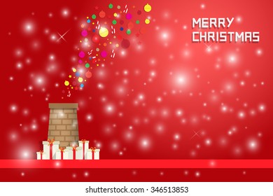 snow flake and christmas decorated fly out from chimney with gift boxes on red backgound