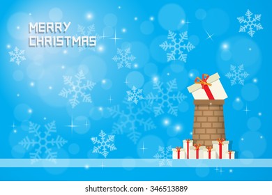 snow flake and christmas present on  chimney with gift boxes on blue backgound