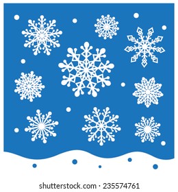 Snow flake collections isolated on blue with mountain view, vector