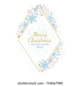 Snow flake frame, decoration on white background, Christmas design for invitation, greeting card. Vector illustration, merry xmas snowflake framework