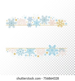 Snow flake frame, decoration on transparent background, Christmas design for invitation, greeting card. Vector illustration, merry xmas snowflake framework