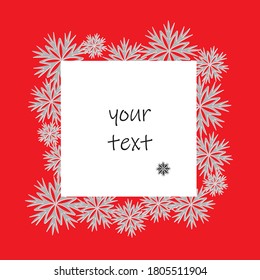 Marco de copo de nieve sobre rojo brillante. Plantilla de diseño de tarjetas de Navidad con espacio para texto. Antecedentes rojos festivos. Vector eps 10