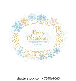Snow flake frame on white background, Christmas design for invitation, greeting card. Vector illustration, merry xmas snowflake framework.