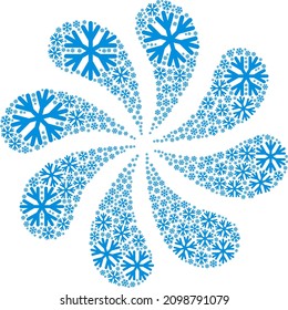 Snow flake icon explosion twist turbine fireworks shape. Turbine twirl designed using scattered snow flake symbols.