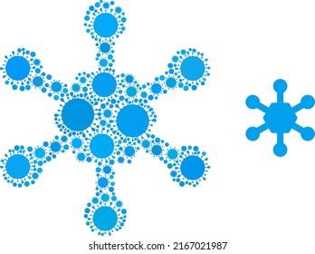 Snow flake mosaic icon. Vector mosaic created from randomized Covid-2019 parts. Covid-2019 collage snow flake icon. Snow flake collage for medical templates.
