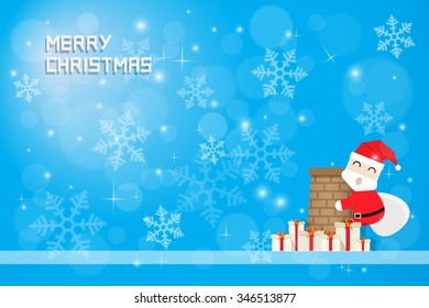 snow flake and santa claus climbing chimney with gift boxes on blue background