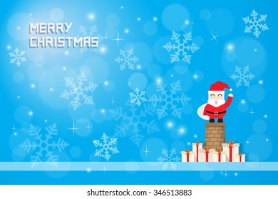 snow flake and santaclaus with gift boxes on blue background