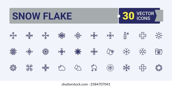 Snow Flake set of modern icons. It contains symbols to cold, geometric, silhouette, decoration, new, snowflake, ice, beautiful. Minimal linear icons. Editable vector icon and illustration.