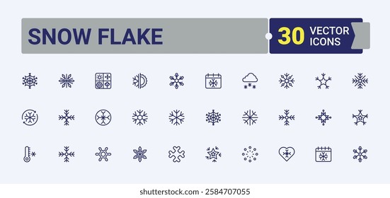 Snow Flake set of modern icons. It contains symbols to cold, geometric, silhouette, decoration, new, snowflake, ice, beautiful. Minimal linear icons. Editable vector icon and illustration.