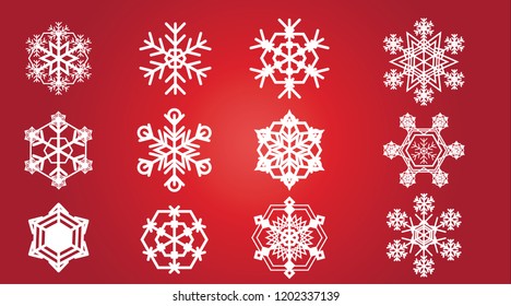 Snow flake vector icon set. Snowflake vector icon background set red color. Christmas snow flake icon set