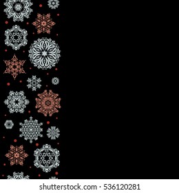 Snow flakes background with copy space (place for your text). Snowflake vector design in pink, red and gray colors. Seamless pattern.