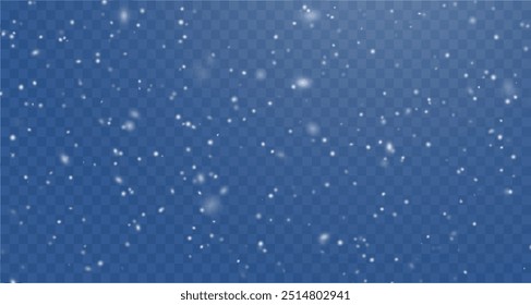 Snow flakes, snow background. Heavy snowfall, snowflakes in different shapes and forms. Snow realistic landscape background. Christmas snowflakes on a transparent background.