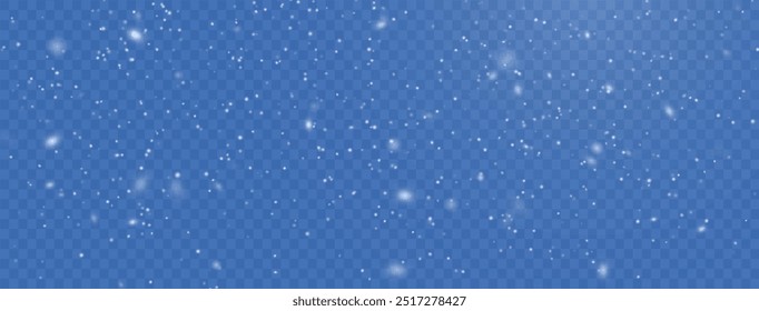 Schneeflocken, Schneehintergrund. Starker Schneefall, Schneeflocken in verschiedenen Formen und Formen. Schneerealistischer Landschaftshintergrund. Weihnachtsschneeflocken auf transparentem Hintergrund.