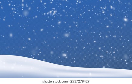 Snow flakes, snow background. Heavy snowfall, snowflakes in different shapes and forms. Snow realistic landscape background. Christmas snowflakes on a transparent background.