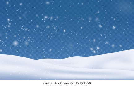 Snow flakes, snow background. Heavy snowfall, snowflakes in different shapes and forms. Snow realistic landscape background. Christmas snowflakes on a transparent background.