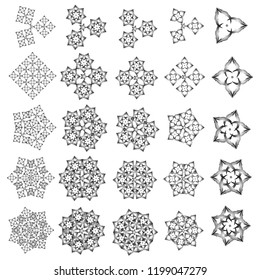 Snow flakes background. Set of twenty five silver elements. Snowflake vector set in silver colors.