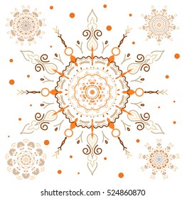 Snow flakes background. Snowflake vector set in orange colors.