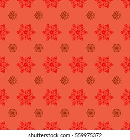 Snow flakes background. Snowflake vector design on orange background. Seamless pattern.