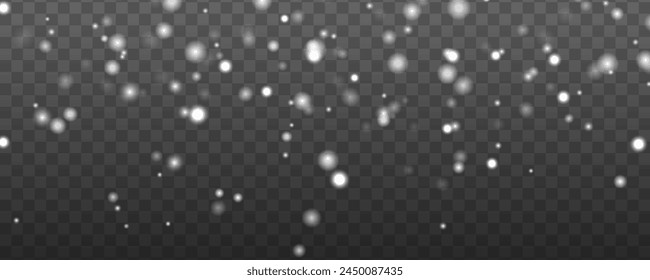 Snow flakes, snow background. White snow flying on transparent. Snowfall, snowflakes in different shapes and forms. Christmas snow for the new year.	
