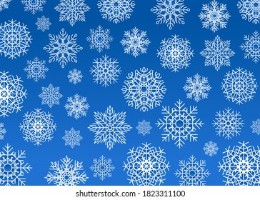 Snow flakes background, white snowflakes on blue background. New Year background, random size flakes, different symmetric patterns.