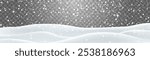Snow flakes, snow and blizzard falling on snowdrifts. Snow landscape decoration, frozen hills isolated on png background. Vector heavy snowfall with snowbanks field. Christmas vector illustration