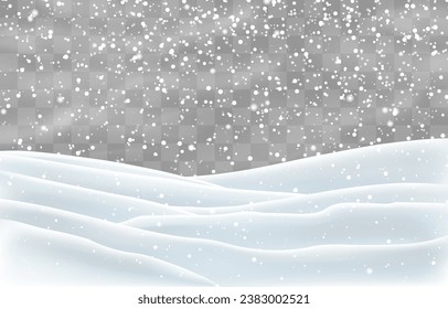 Snow flakes, snow and blizzard falling on snowdrifts. Snow landscape decoration, frozen hills isolated on png background. Vector heavy snowfall with snowbanks field. Christmas vector illustration