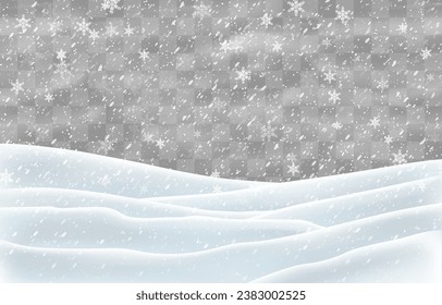 Snow flakes, snow and blizzard falling on snowdrifts. Snow landscape decoration, frozen hills isolated on png background. Vector heavy snowfall with snowbanks field. Christmas vector illustration
