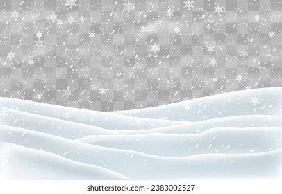 Schneeflocken, Schnee und Blasen fallen auf Schneeflocken. Schneelandschaftsdekoration, gefrorene Hügel einzeln auf rosafarbenem Hintergrund. Vektorschwerer Schneefall mit Schneeballfeld. Weihnachtsvektorgrafik