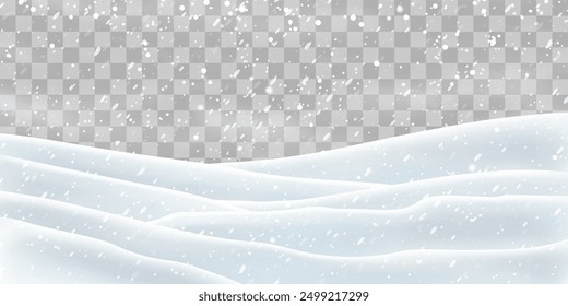 Snow flakes, snow and blizzard falling on snowdrifts. Snow landscape decoration, frozen hills isolated on png background. Vector heavy snowfall with snowbanks field. Christmas vector illustration