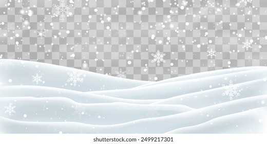 Snow flakes, snow and blizzard falling on snowdrifts. Snow landscape decoration, frozen hills isolated on png background. Vector heavy snowfall with snowbanks field. Christmas vector illustration