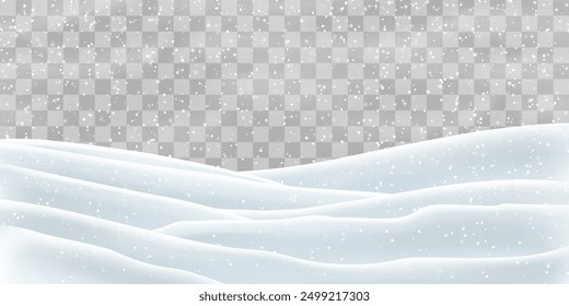 Snow flakes, snow and blizzard falling on snowdrifts. Snow landscape decoration, frozen hills isolated on png background. Vector heavy snowfall with snowbanks field. Christmas vector illustration