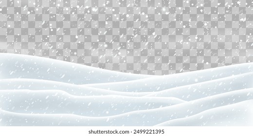 Snow flakes, snow and blizzard falling on snowdrifts. Snow landscape decoration, frozen hills isolated on png background. Vector heavy snowfall with snowbanks field. Christmas vector illustration