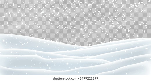 Snow flakes, snow and blizzard falling on snowdrifts. Snow landscape decoration, frozen hills isolated on png background. Vector heavy snowfall with snowbanks field. Christmas vector illustration