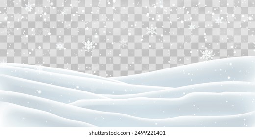 Copos de nieve, nieve y ventisca cayendo sobre las corrientes de nieve. Decoración del paisaje de la nieve, colinas congeladas aisladas en el fondo del png. Vector fuerte nevada con campo de bancos de nieve. Ilustración vectorial de Navidades