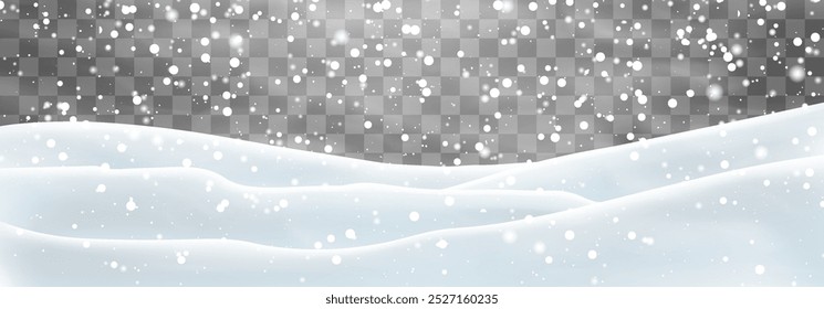 Schneeflocken, Schnee und Schneesturm fallen auf Schneeverwehungen. Schneelandschaft Dekoration, gefrorene Hügel einzeln auf png Hintergrund. Vektor starker Schneefall mit Schneebänken Feld. Weihnachtsvektorgrafik