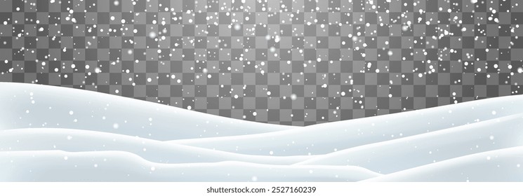 Snow flakes, snow and blizzard falling on snowdrifts. Snow landscape decoration, frozen hills isolated on png background. Vector heavy snowfall with snowbanks field. Christmas vector illustration