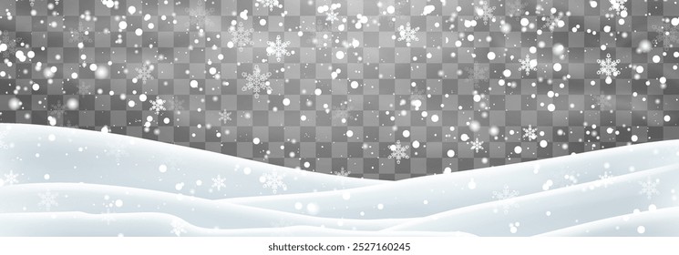 Schneeflocken, Schnee und Schneesturm fallen auf Schneeverwehungen. Schneelandschaft Dekoration, gefrorene Hügel einzeln auf png Hintergrund. Vektor starker Schneefall mit Schneebänken Feld. Weihnachtsvektorgrafik
