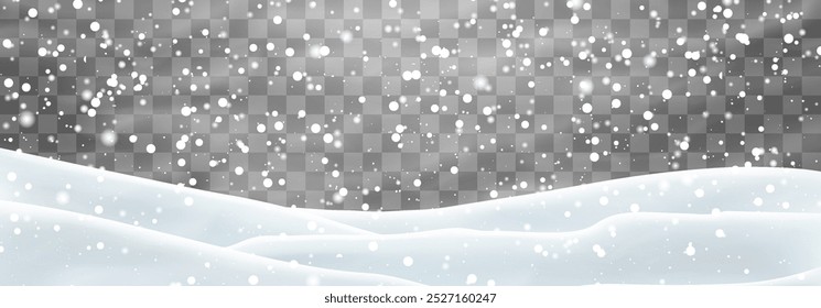Schneeflocken, Schnee und Schneesturm fallen auf Schneeverwehungen. Schneelandschaft Dekoration, gefrorene Hügel einzeln auf png Hintergrund. Vektor starker Schneefall mit Schneebänken Feld. Weihnachtsvektorgrafik