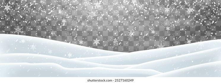 Snow flakes, snow and blizzard falling on snowdrifts. Snow landscape decoration, frozen hills isolated on png background. Vector heavy snowfall with snowbanks field. Christmas vector illustration