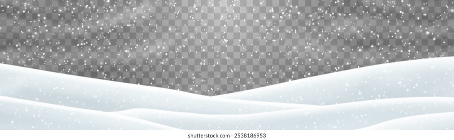 Snow flakes, snow and blizzard falling on snowdrifts. Snow landscape decoration, frozen hills isolated on png background. Vector heavy snowfall with snowbanks field. Christmas vector illustration